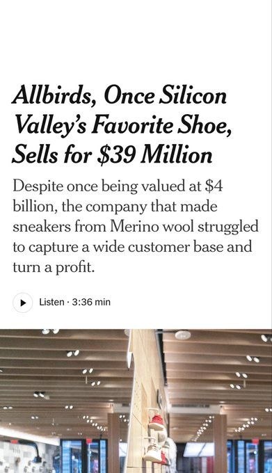 Компания Allbirds сделала IPO экологических шерстяных кроссовок и доросла до $4 млрд, но теперь ее акции упали на 99% — banksta